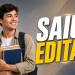 Jovem sorridente com mochila e livros ao lado do texto "Saiu Edital" em fundo cinza e azul