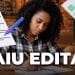 Mulher negra de cabelos cacheados escreve em caderno espiral, usando camisa xadrez, com elementos de checklist sobrepostos.