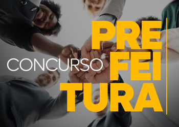 Grupo de 5 pessoas em círculo unindo as mãos ao centro, com texto "Concurso Prefeitura" em destaque