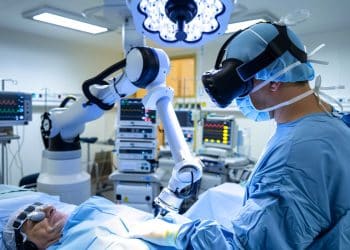 Uso de tecnologia avançada na medicina com robótica e realidade virtual em cirurgia moderna.