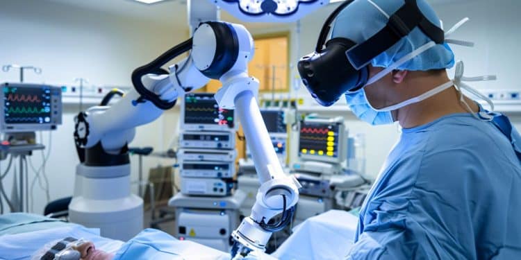 Uso de tecnologia avançada na medicina com robótica e realidade virtual em cirurgia moderna.