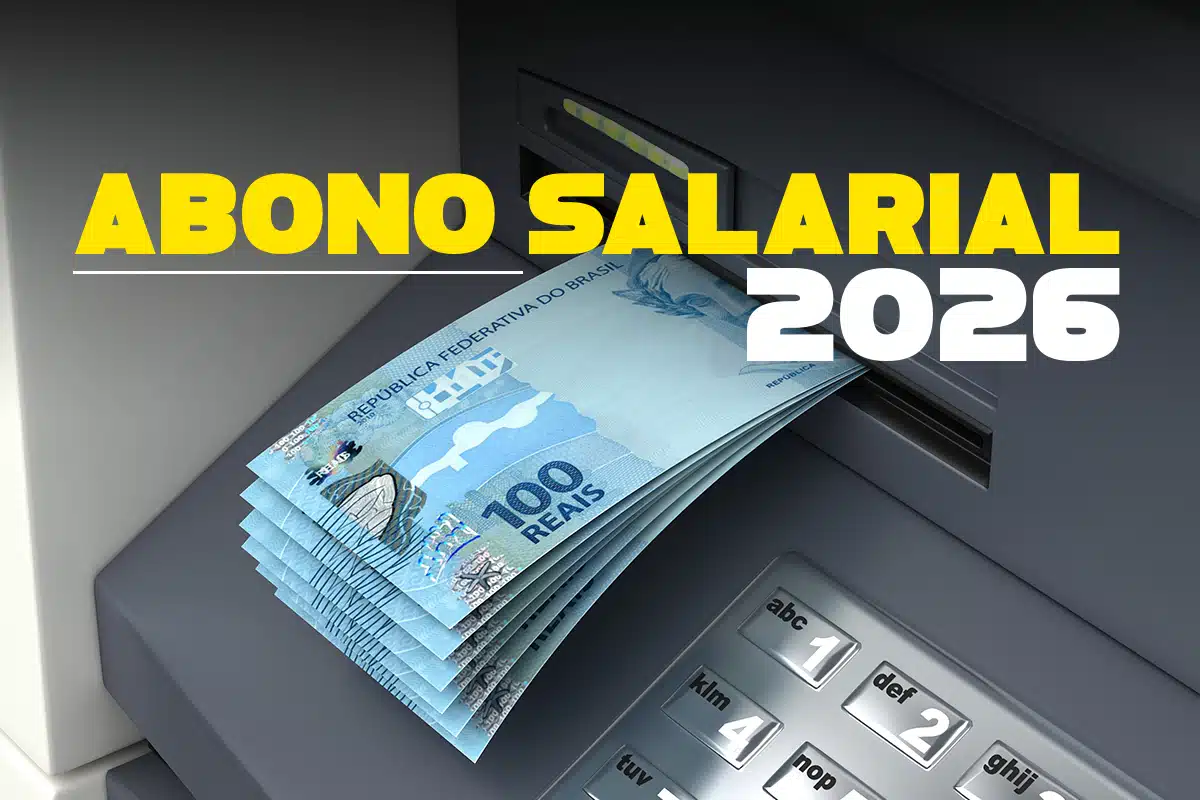 Cédulas de real saindo de um caixa eletrônico, em referência à consulta e ao saque do Abono Salarial 2026 que não caiu na conta.