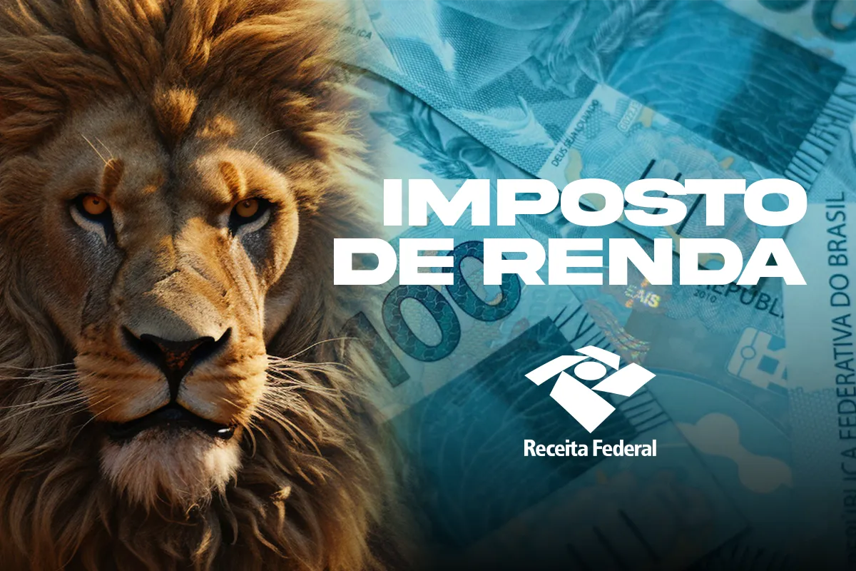 Imagem ilustrativa do Imposto de Renda com a figura do leão símbolo da Receita Federal ao lado de cédulas de real, em referência à correção de erros na declaração