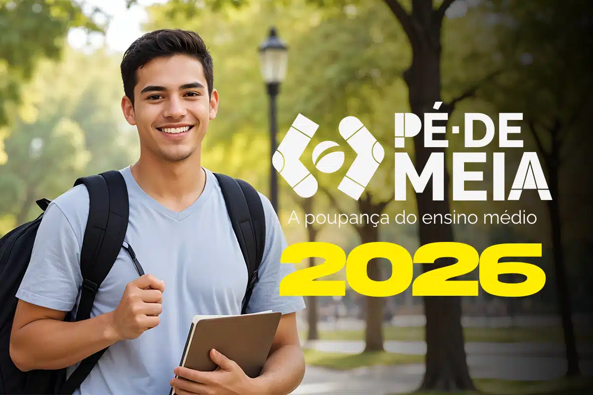 Estudante com mochila segurando caderno ao lado do logo do Pé-de-Meia