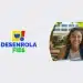 Logotipo do Desenrola Fies ao lado de uma estudante sorrindo com material escolar nas mãos