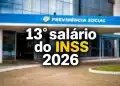 Fachada da Previdência Social com destaque para o 13º salário do INSS 2026, representando o pagamento da primeira parcela, que termina na sexta-feira, 8 de maio.