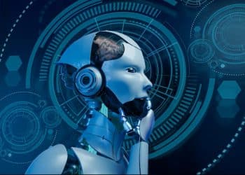 Ilustração futurista de robô humanoide representando inteligência artificial