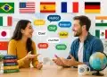 Duas pessoas conversando sobre idiomas, com bandeiras de vários países ao fundo