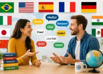 Duas pessoas conversando sobre idiomas, com bandeiras de vários países ao fundo