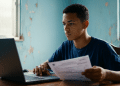 Jovem usa um notebook e segura um documento à mesa e, ao redor, um cômodo residencial de paredes azuis