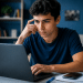 Jovem de cabelos cacheados escuros e camiseta azul marinho concentrado em laptop cinza, com mão apoiada na têmpora.