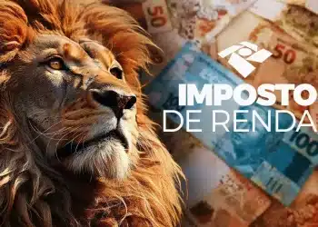 Imagem do leão do Imposto de Renda com cédulas de R$ 50 e R$ 100 ao fundo, em referência à malha fina e à possibilidade de correção da declaração