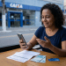 Mulher utiliza celular ao lado de boleto e cédulas