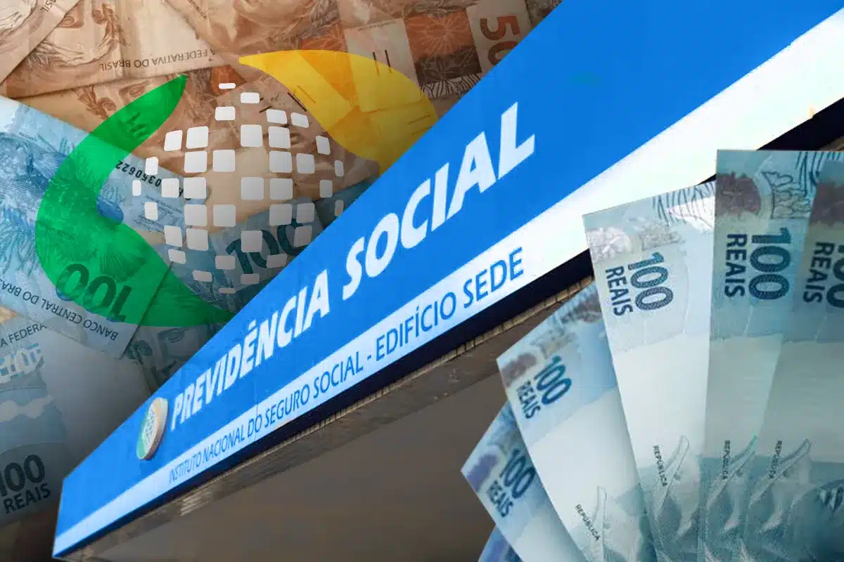 Placa azul da Previdência Social sobre notas de 50 e 100 reais, com logo do INSS ao fundo, simbolizando o pagamento da segunda parcela do 13º salário do INSS.