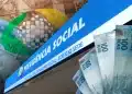 Montagem com fachada da Previdência Social, logotipo do INSS e cédulas de cem reais espalhadas