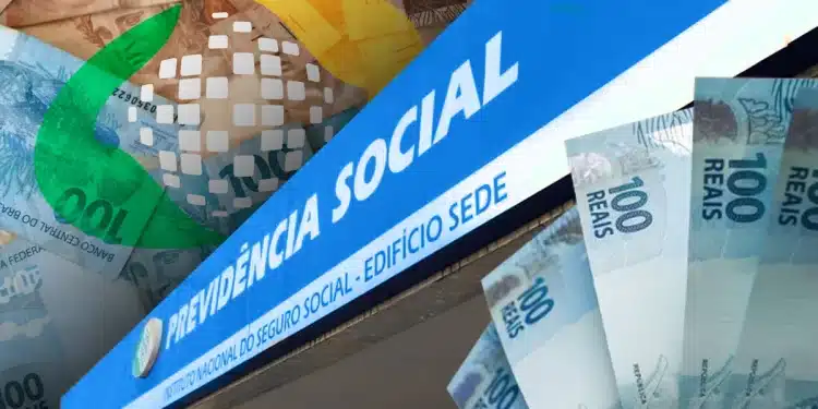 Montagem com fachada da Previdência Social, logotipo do INSS e cédulas de cem reais espalhadas