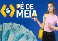 Jovem de camiseta rosa e mochila amarela aponta para logotipo do Pé-de-Meia ao lado de notas de R$100, simbolizando o Jovem de camiseta rosa e mochila amarela aponta para logotipo do Pé-de-Meia ao lado de notas de R$100