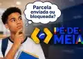 Estudante brasileiro pensativo com balão perguntando se a parcela do Pé-de-Meia de maio foi enviada ou bloqueada