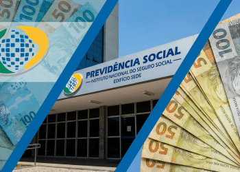 Composição visual com a fachada da sede da Previdência Social ao centro cercada por cédulas de cinquenta e cem reais