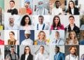 Colagem com 28 retratos de trabalhadores de diferentes profissões: médicos, engenheiros, entregadores, executivos e operários