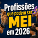 Adestrador, fotógrafa, palhaço e cabeleireiro representando profissões permitidas no MEI 2026.