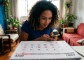 Mulher consulta o celular diante de um calendário de junho de 2026 sobre a mesa