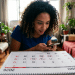 Mulher consulta o celular diante de um calendário de junho de 2026 sobre a mesa