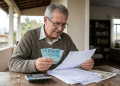 Aposentado segura notas de dinheiro e analisa extrato do INSS, em referência ao teto da Previdência de R$ 8.475,55 em 2026.