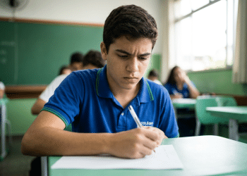 Estudante escreve concentrado em sala de aula, em referência à queda nas notas da redação do Enem.