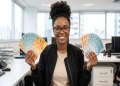 Mulher negra sorrindo com óculos exibe notas de 20, 50 e 100 reais em leque nas duas mãos em ambiente corporativo, simbolizando as opções renda extra disponíveis para quem é CLT.