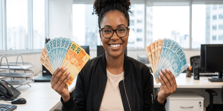 Mulher negra sorrindo com óculos exibe notas de 20, 50 e 100 reais em leque nas duas mãos em ambiente corporativo, simbolizando as opções renda extra disponíveis para quem é CLT.