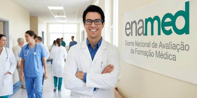 Médico de jaleco branco e óculos, de braços cruzados, sorri em corredor de hospital ao lado de banner do Enamed, o Exame Nacional de Avaliação da Formação Médica