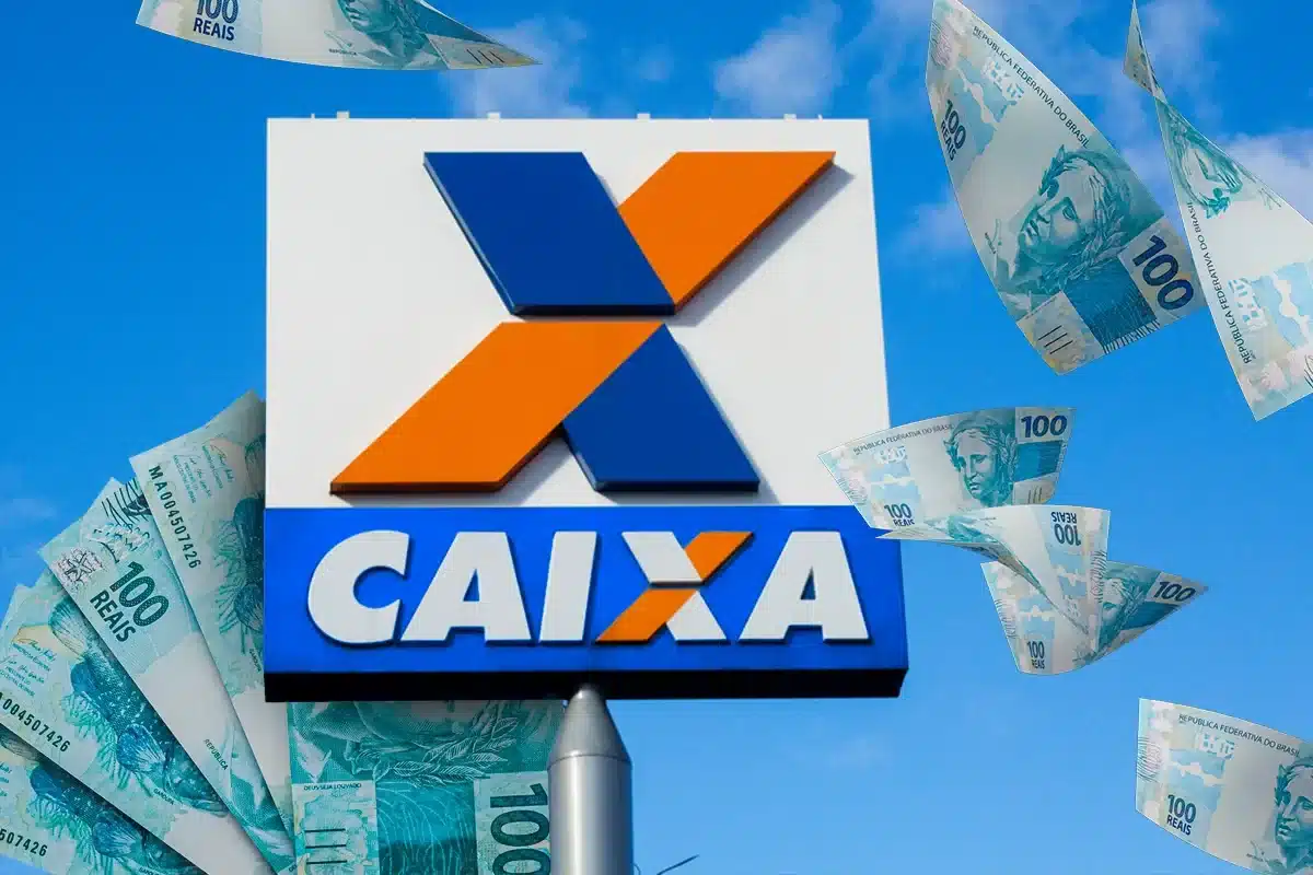 Logo da Caixa com notas de R$ 100 flutuando ao fundo, representando o saque de R$ 1.028,01 do Bolsa Família.