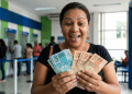 Mulher sorrindo segura cédulas de real dentro de agência bancária após sacar pagamento de até R$ 6.220 da Caixa