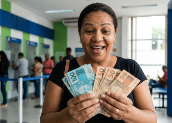 Mulher sorrindo segura cédulas de real dentro de agência bancária após sacar pagamento de até R$ 6.220 da Caixa