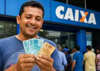 Homem sorrindo, segurando notas de real em frente à Caixa, representando o saque de R$ 1.028,01 liberado para CPFs com finais de 0 a 9.
