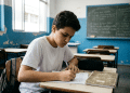 Jovem estudante do ensino médio escreve em caderno pautado dentro da sala de aula enquanto treina temas de redação para o Enem 2026