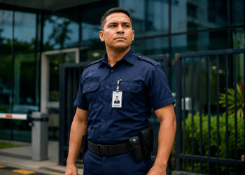 Vigilante com uniforme azul-marinho e crachá de identificação em frente a prédio comercial com fachada de vidro.