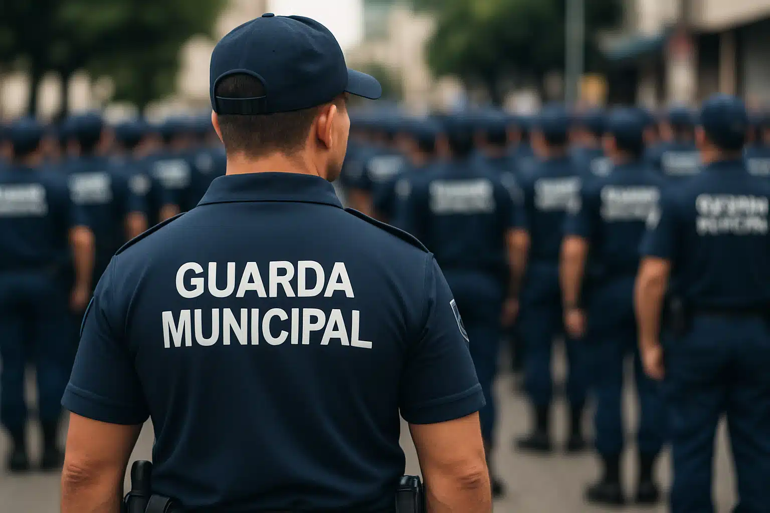 Guarda Municipal de costas, boné e camisa azul-marinho, observa fileiras de agentes enfileirados ao ar livre
