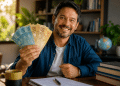 Homem sorri segurando leque de notas de cem e cinquenta reais em escritório com livros