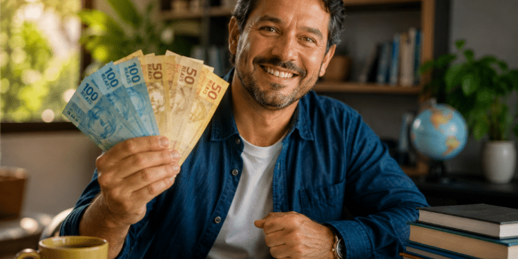 Homem sorri segurando leque de notas de cem e cinquenta reais em escritório com livros