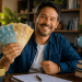 Homem sorri segurando leque de notas de cem e cinquenta reais em escritório com livros