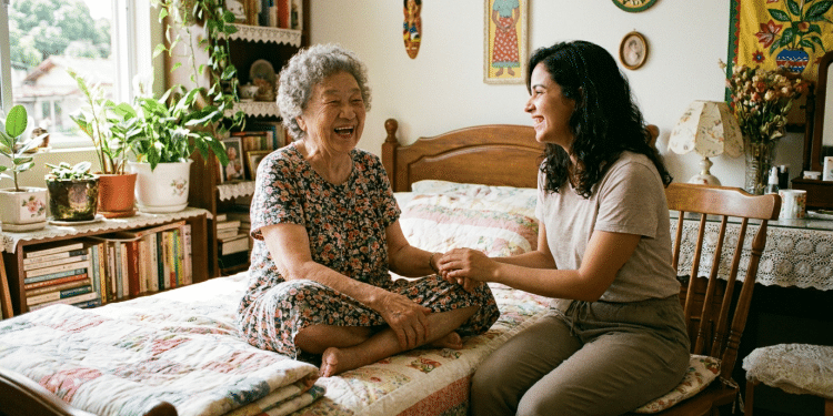 Idosa e mulher sorrindo juntas em quarto decorado com plantas e artesanato.