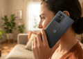 Mulher em ligação em ambiente doméstico.