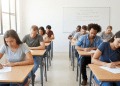 Estudantes concentrados realizando prova em sala de aula iluminada.
