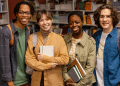 Grupo de estudantes sorrindo em biblioteca.