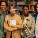 Grupo de estudantes sorrindo em biblioteca.