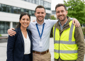 Equipe profissional diversificada unida em ambiente corporativo.
