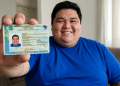 Homem sorridente exibe carteira de identidade brasileira em destaque.