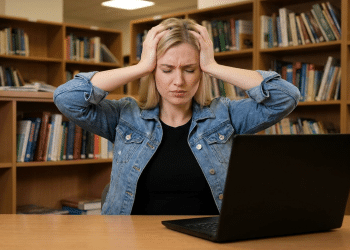 Mulher estressada em biblioteca diante de laptop aberto.